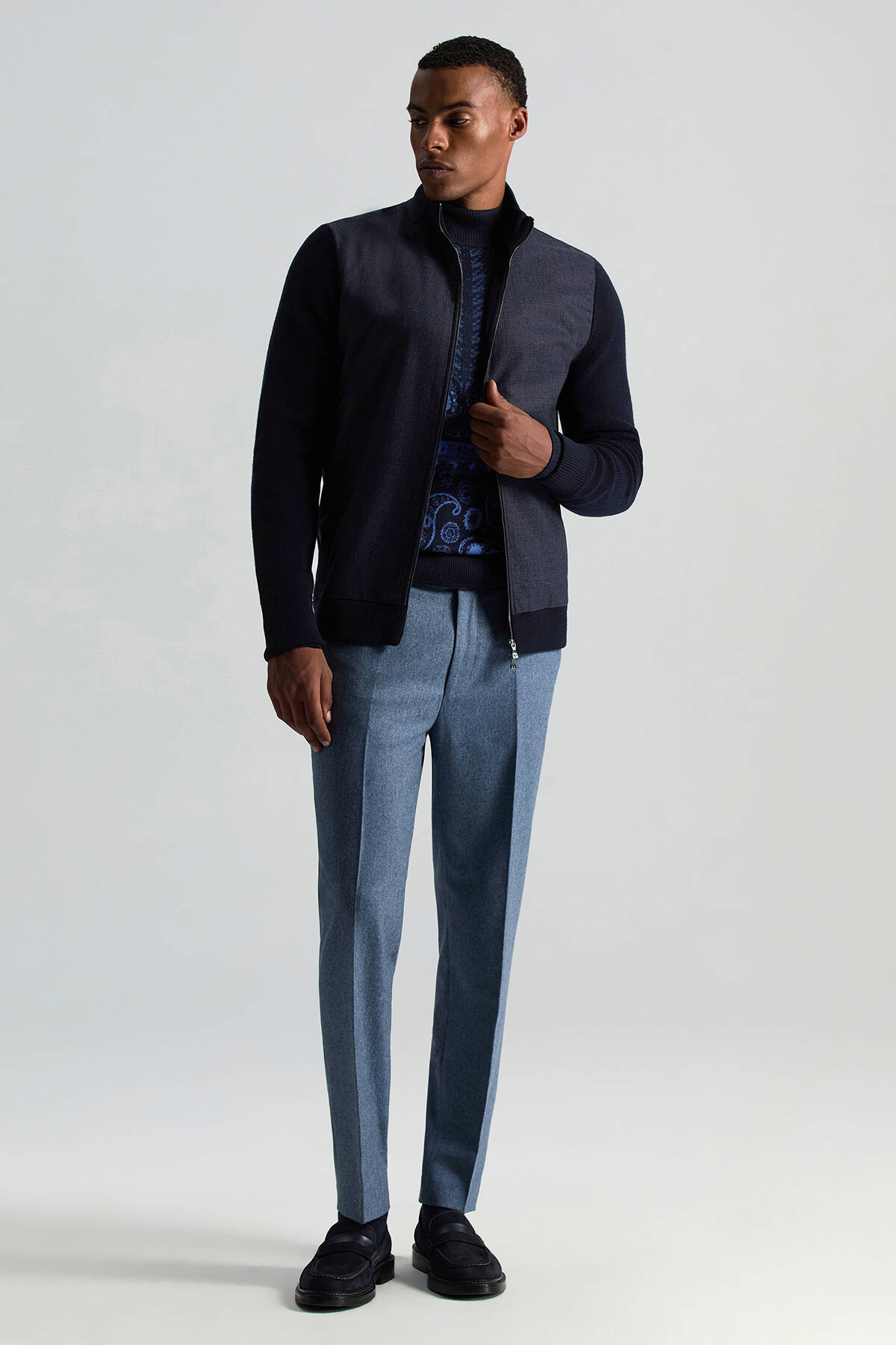 İtalyan Yün Kumaş Ekose Desen Lacivert Tailored Triko Ceket