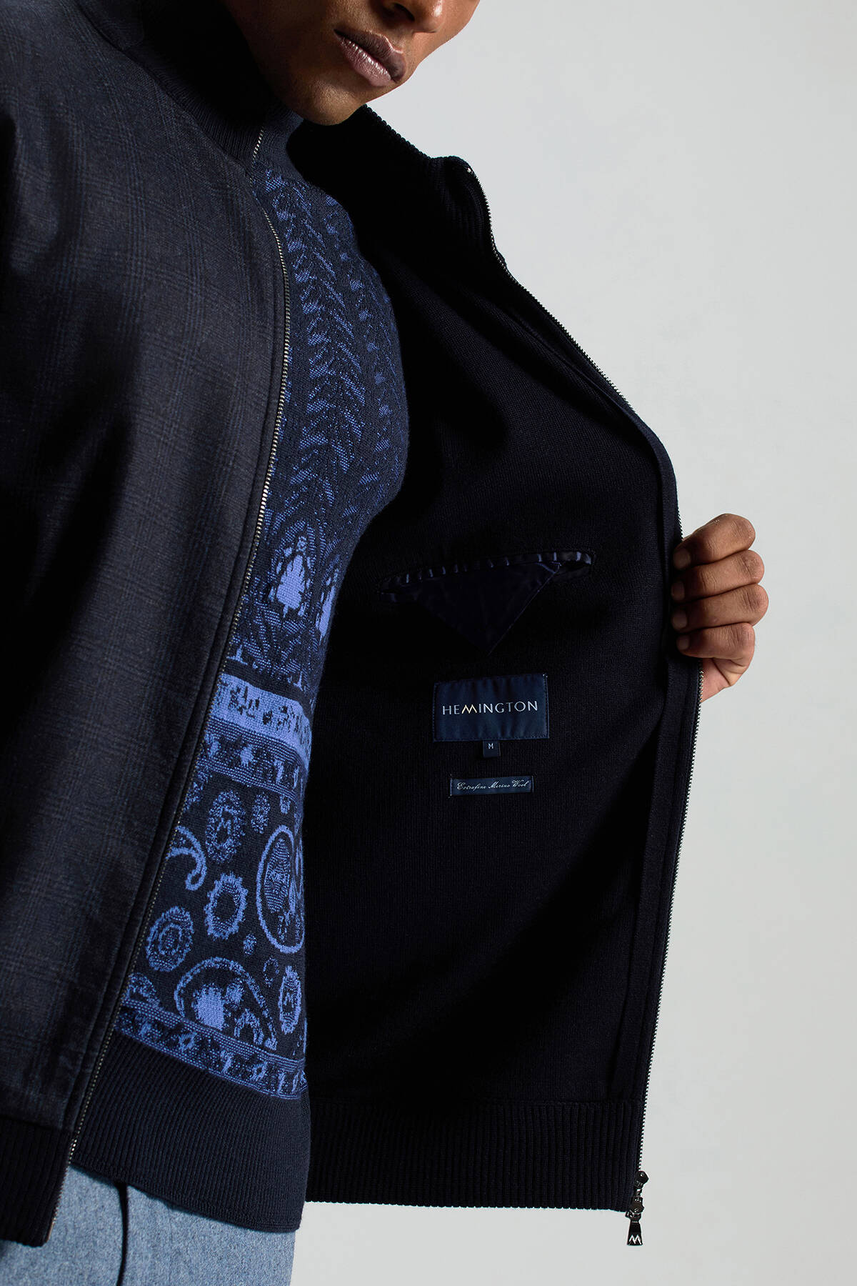 İtalyan Yün Kumaş Ekose Desen Lacivert Tailored Triko Ceket