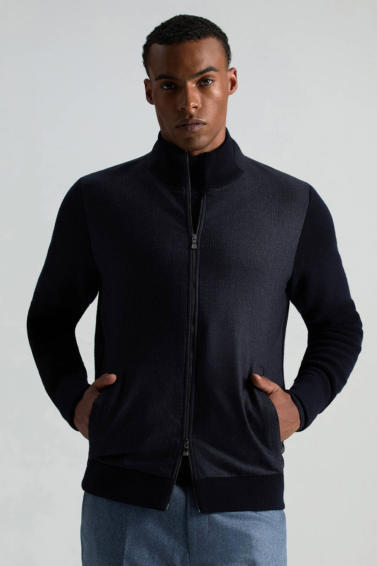 İtalyan Yün Kumaş Ekose Desen Lacivert Tailored Triko Ceket