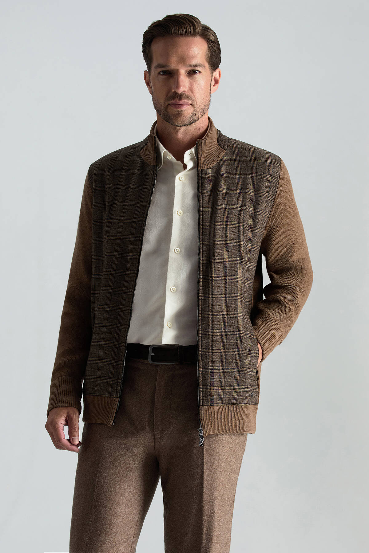 İtalyan Yün Kumaş Ekose Desen Tütün Rengi Tailored Triko Ceket