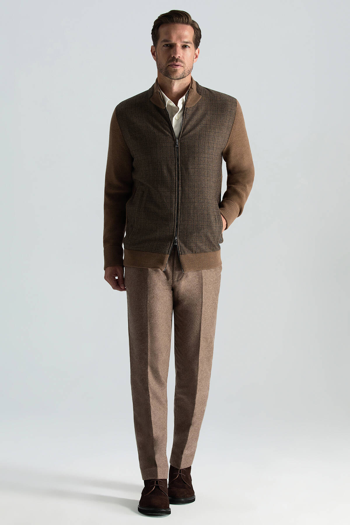 İtalyan Yün Kumaş Ekose Desen Tütün Rengi Tailored Triko Ceket