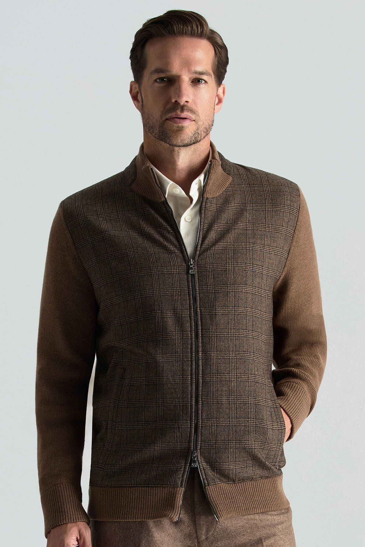 İtalyan Yün Kumaş Ekose Desen Tütün Rengi Tailored Triko Ceket