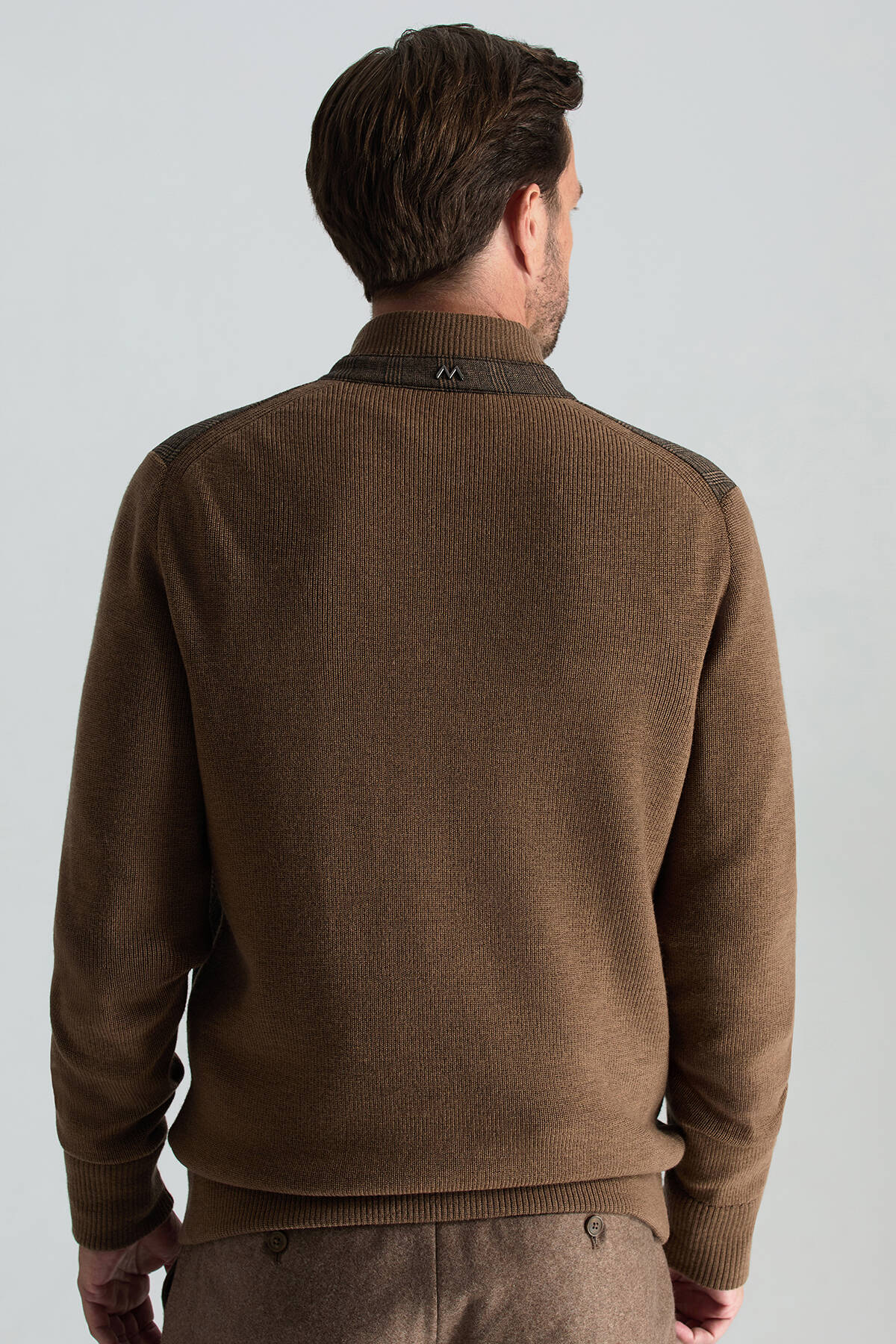 İtalyan Yün Kumaş Ekose Desen Tütün Rengi Tailored Triko Ceket