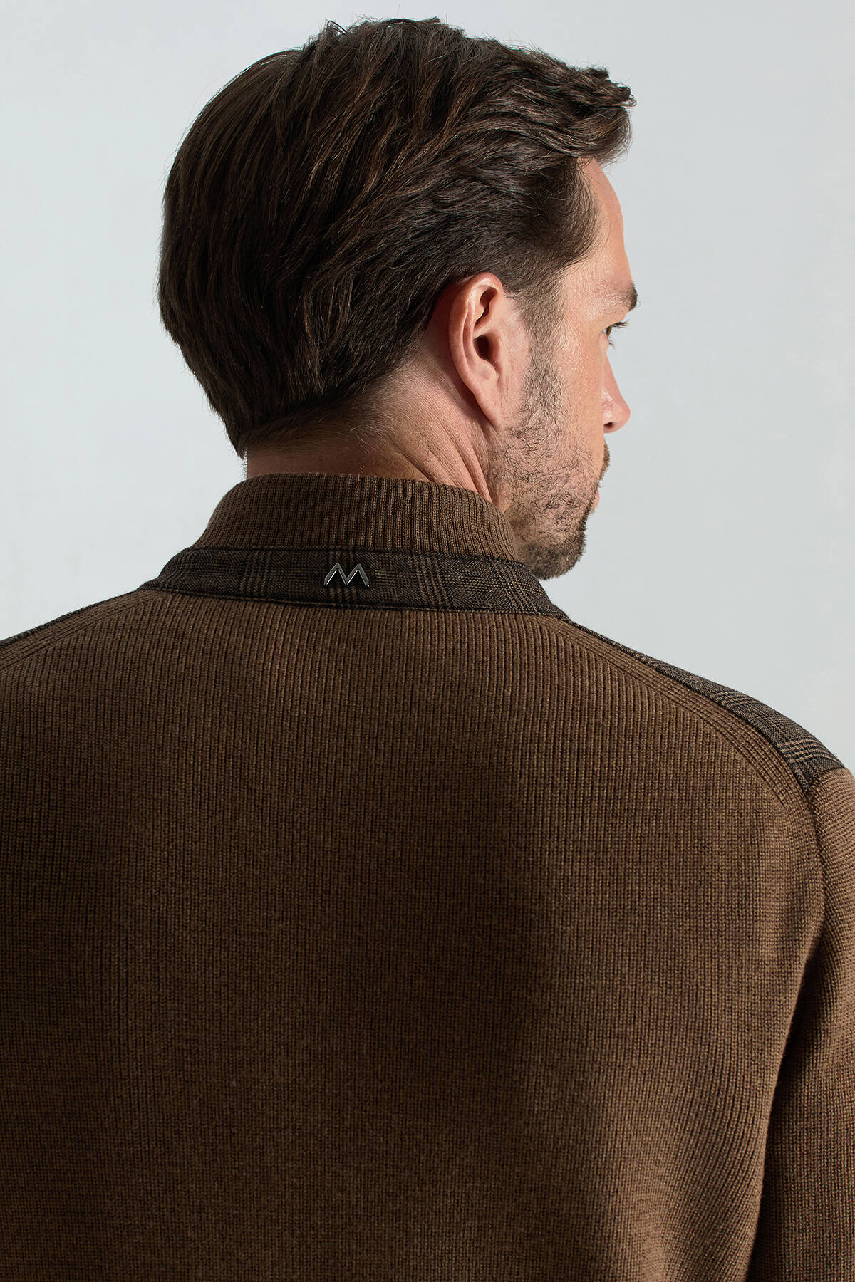 İtalyan Yün Kumaş Ekose Desen Tütün Rengi Tailored Triko Ceket