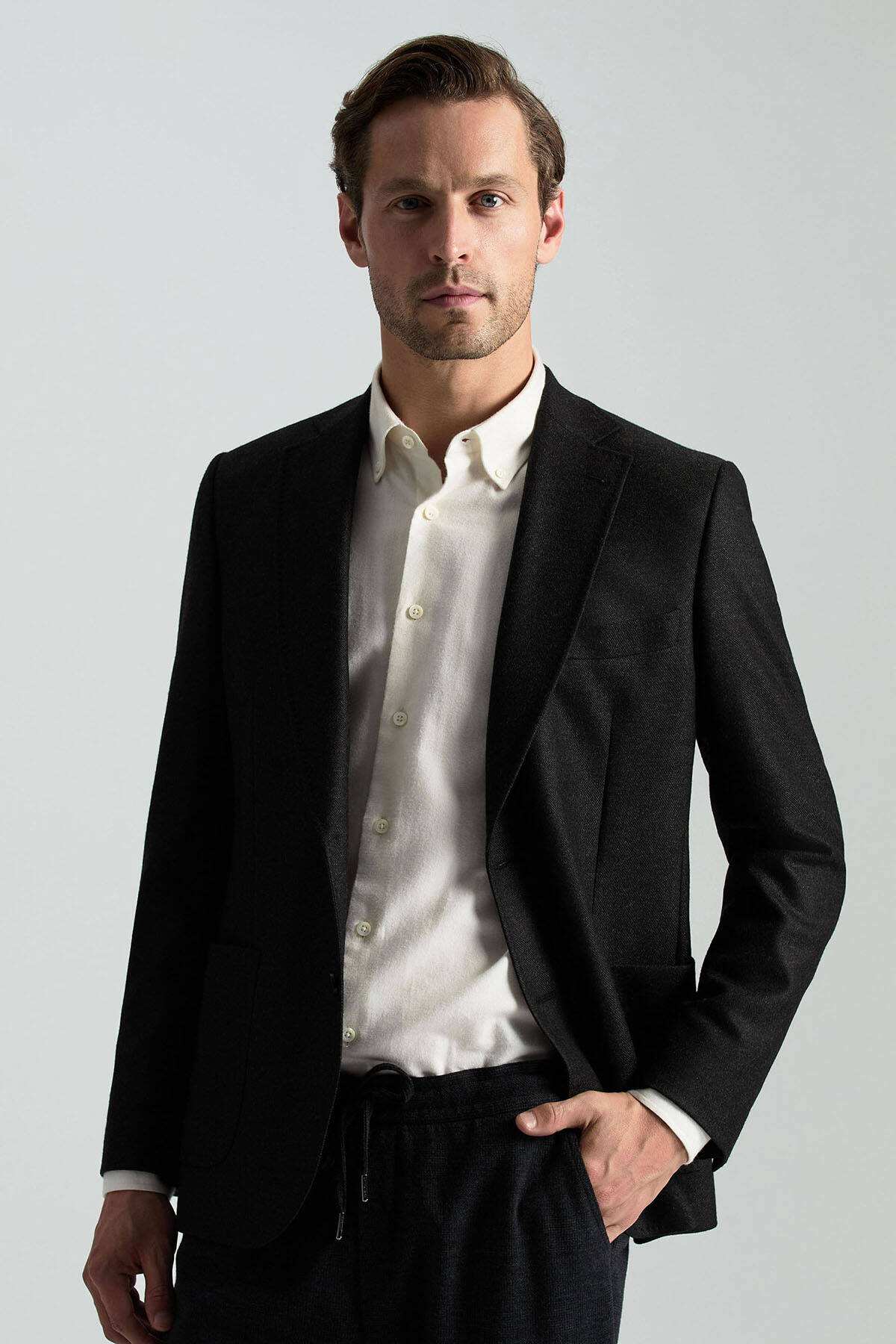 İtalyan Yün Kaşmir Karışım Siyah Blazer Ceket