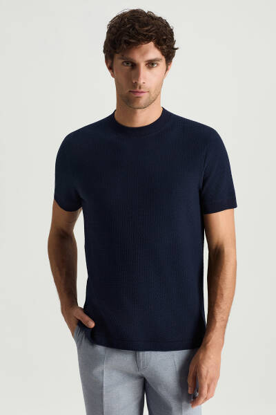 Jakar Desen Saf Pamuk Bisiklet Yaka Lacivert T-Shirt