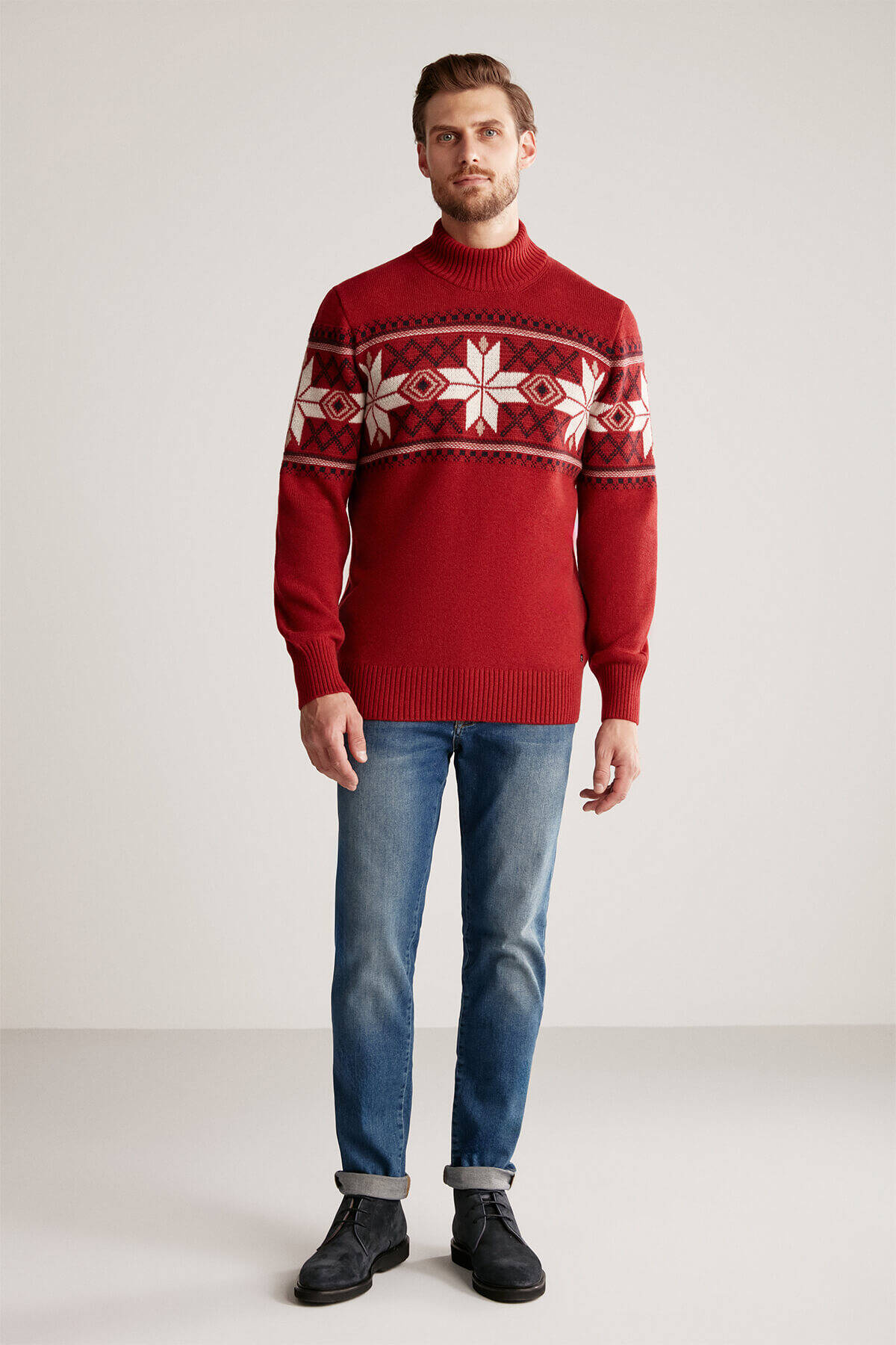 Kar Desen Lupetto Yaka Lambswool Bordo Kazak