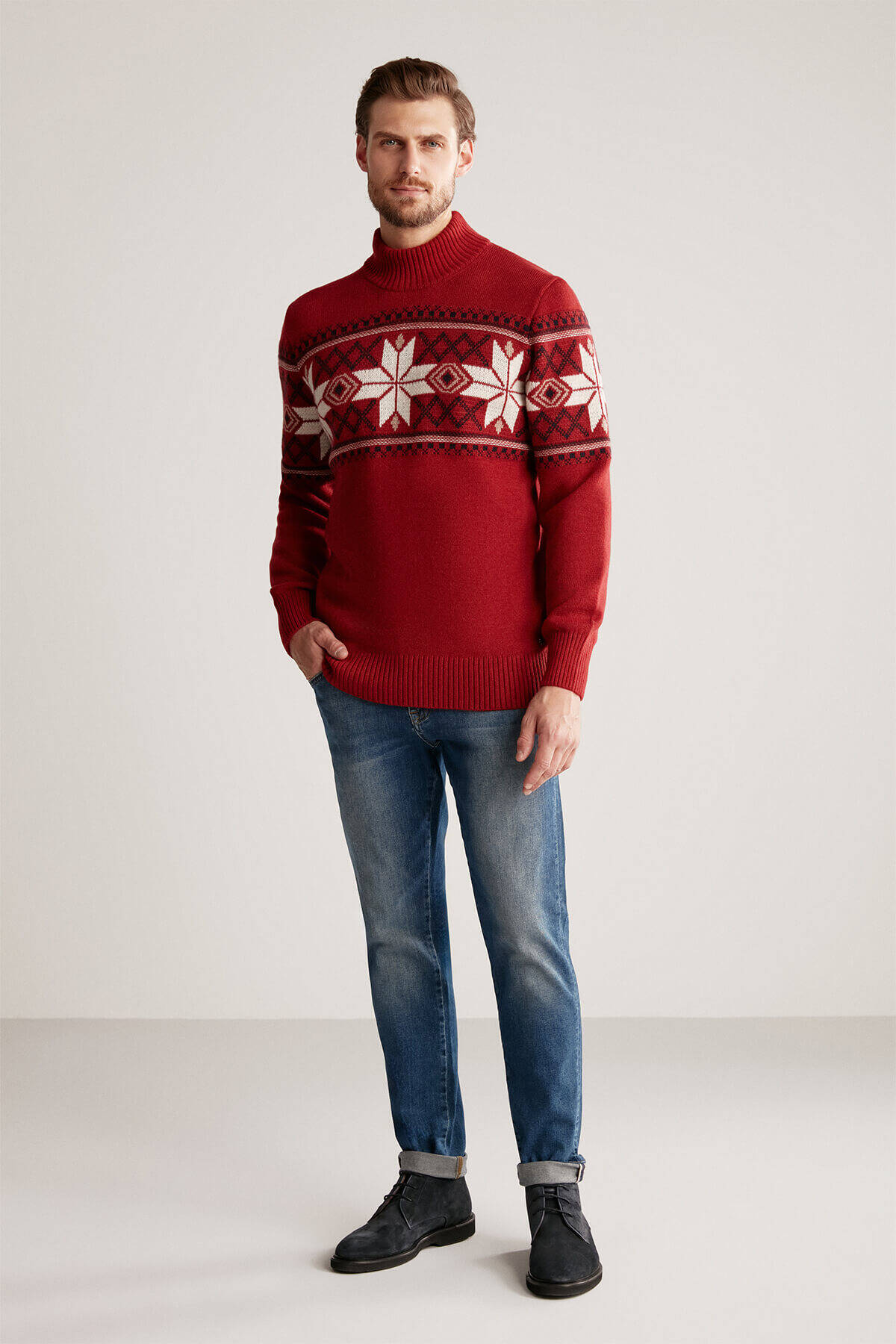 Kar Desen Lupetto Yaka Lambswool Bordo Kazak