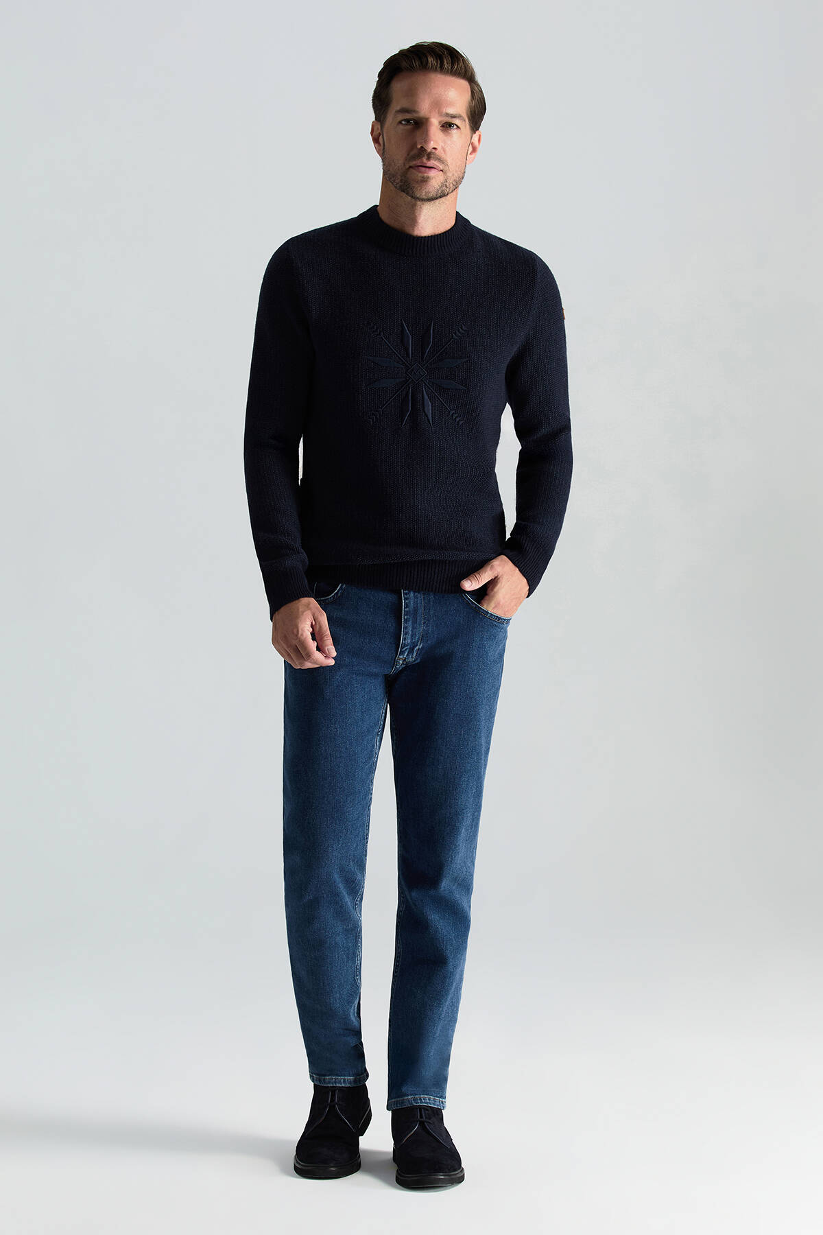 Kaşmir Yün Karışım Kar Desenli Bisiklet Yaka Lacivert Kazak