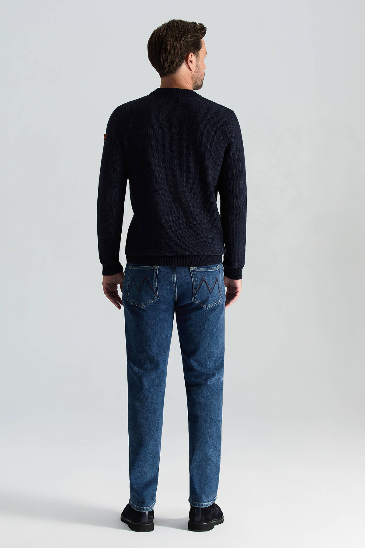 Kaşmir Yün Karışım Kar Desenli Bisiklet Yaka Lacivert Kazak