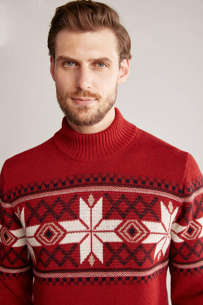 Hemington - Kar Desen Yarım Balıkçı Yaka Lambswool Bordo Kazak