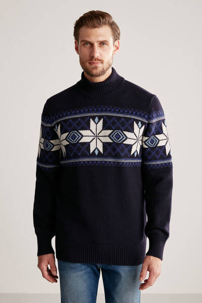 Hemington - Kar Desen Yarım Balıkçı Yaka Lambswool Lacivert Kazak