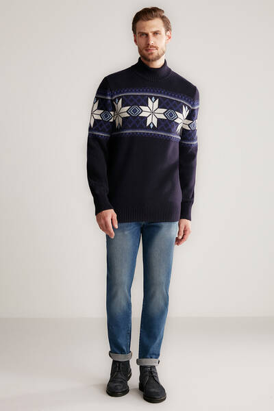 Hemington - Kar Desen Yarım Balıkçı Yaka Lambswool Lacivert Kazak (1)