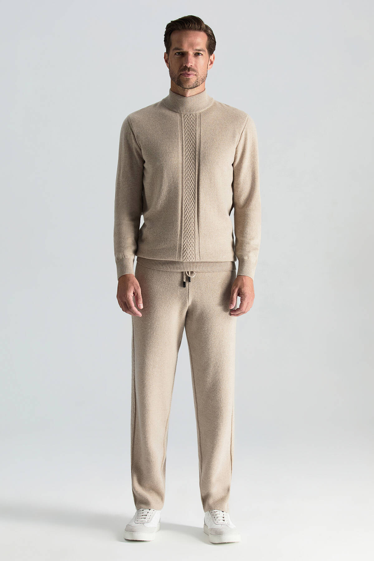 Kaşmir-İpek-Yün Karışım Lupetto Yaka Açık Bej Kazak