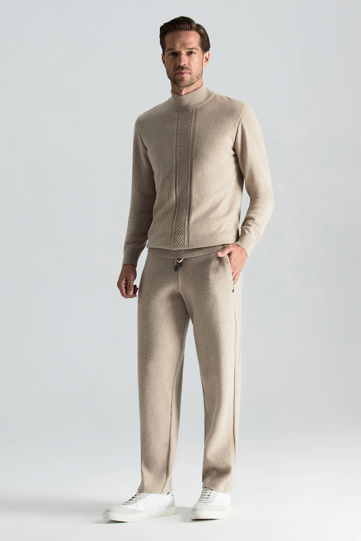 Kaşmir-İpek-Yün Karışım Lupetto Yaka Açık Bej Kazak