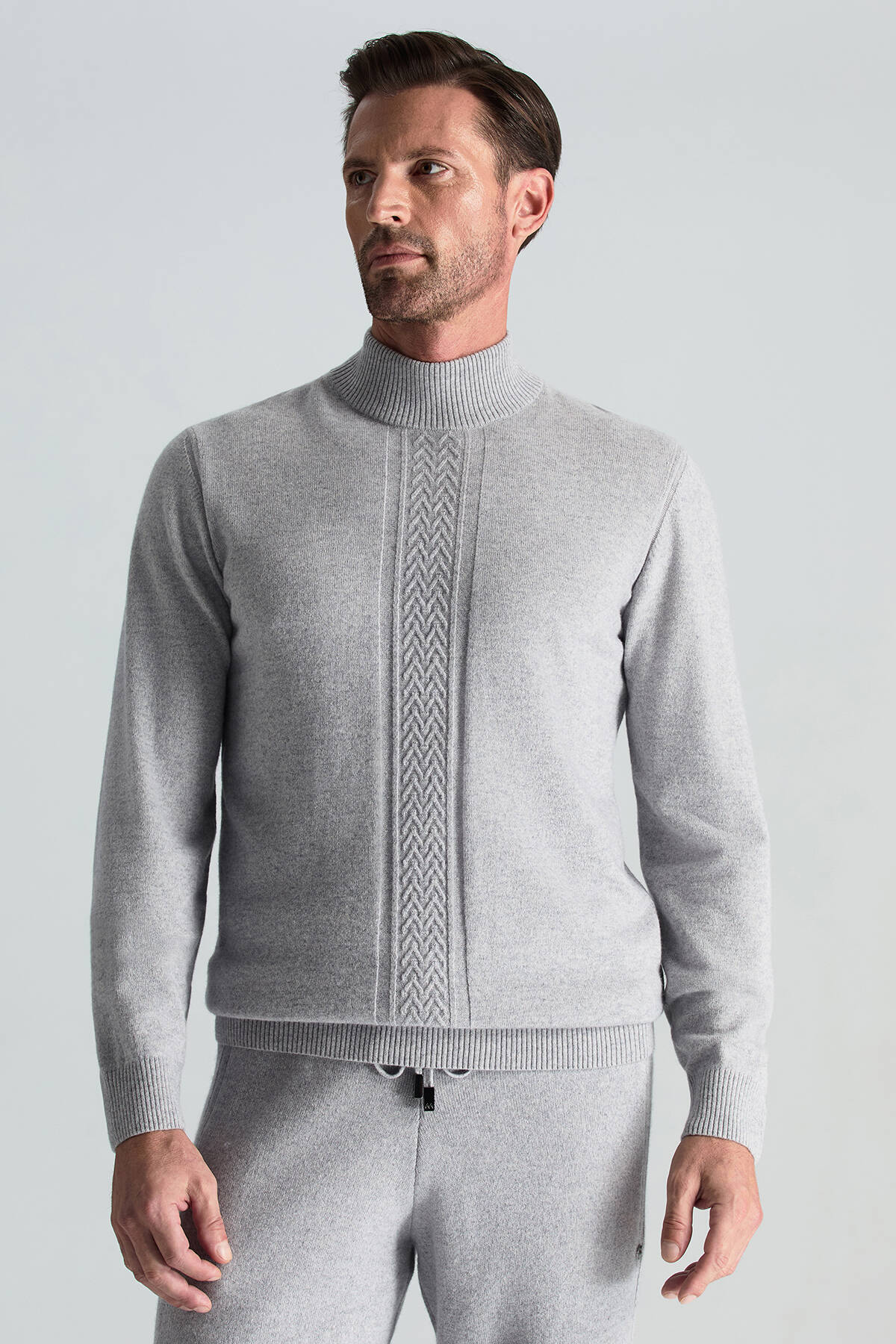 Kaşmir-İpek-Yün Karışım Lupetto Yaka Açık Gri Kazak