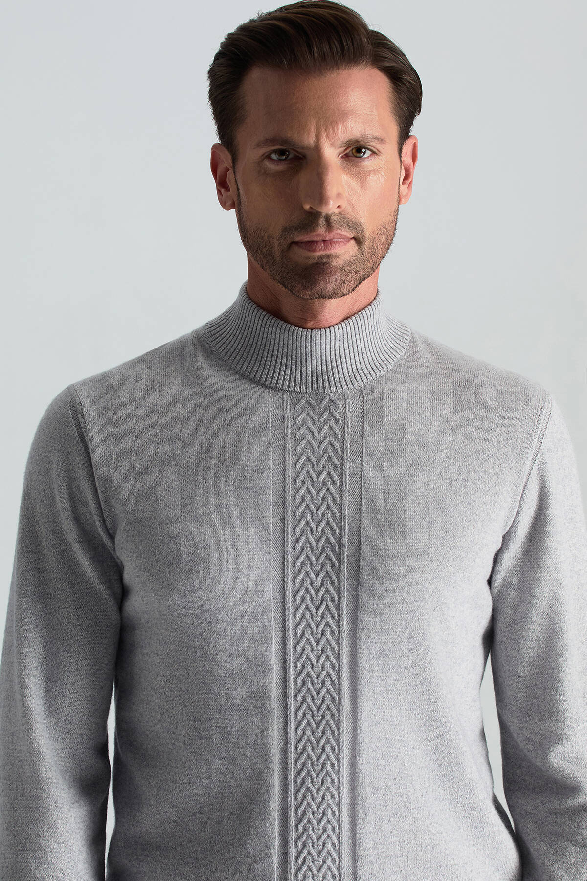 Kaşmir-İpek-Yün Karışım Lupetto Yaka Açık Gri Kazak