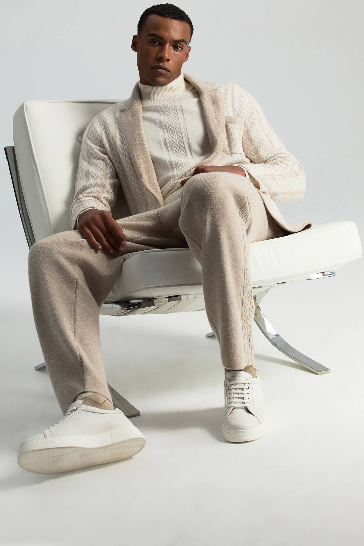 Kaşmir-İpek-Yün Karışım M Desenli Açık Bej Triko Pantolon