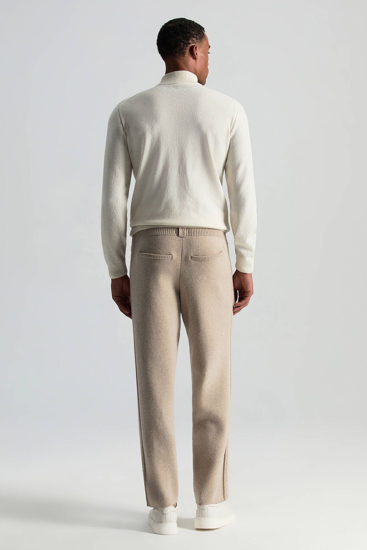 Kaşmir-İpek-Yün Karışım M Desenli Açık Bej Triko Pantolon