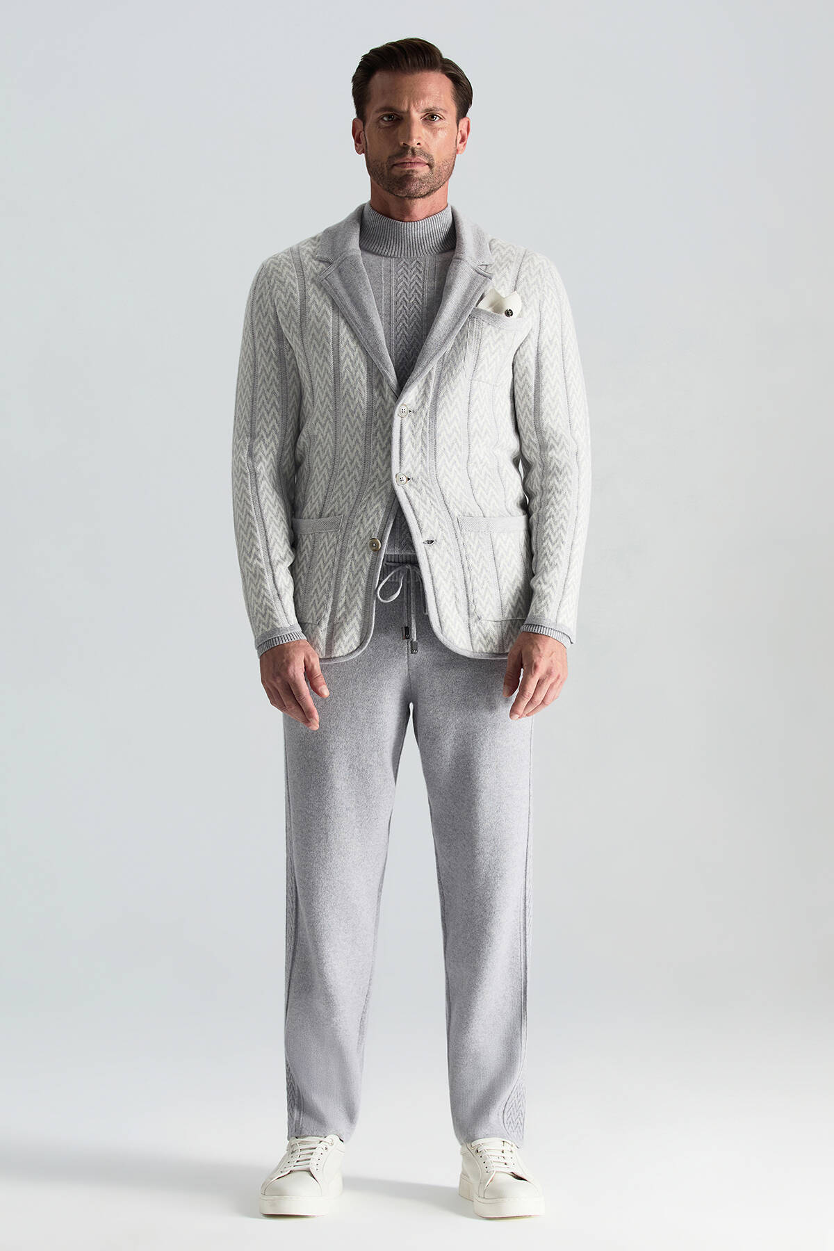 Kaşmir-İpek-Yün Karışım M Desenli Açık Gri Triko Blazer Ceket