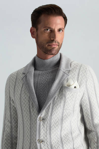 Kaşmir-İpek-Yün Karışım M Desenli Açık Gri Triko Blazer Ceket