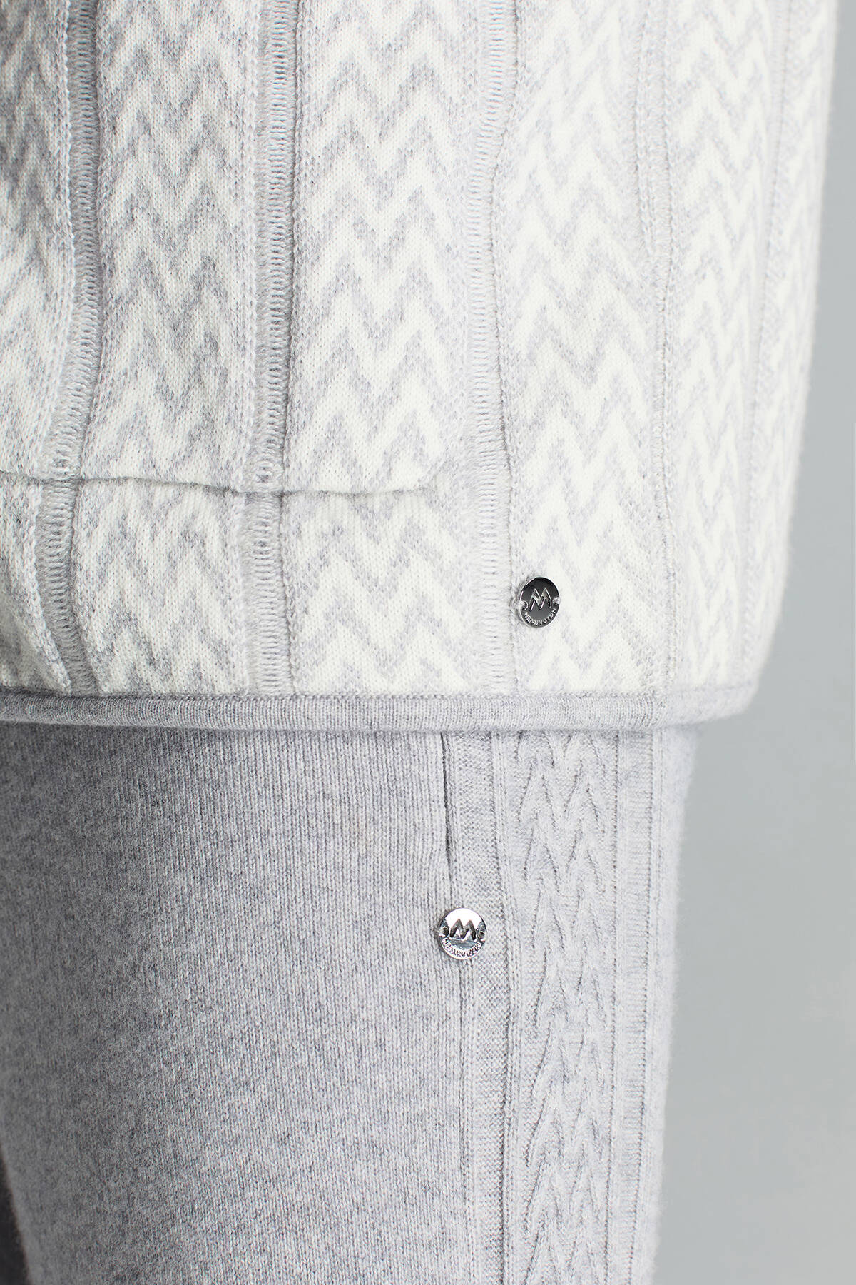 Kaşmir-İpek-Yün Karışım M Desenli Açık Gri Triko Blazer Ceket