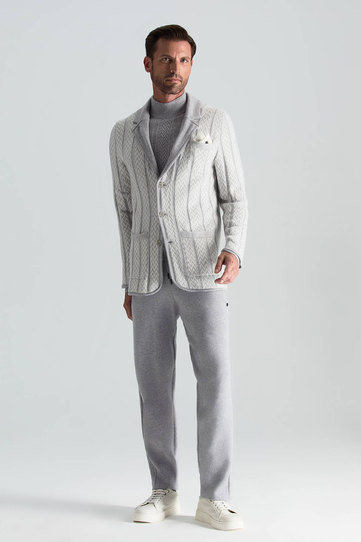 Kaşmir-İpek-Yün Karışım M Desenli Açık Gri Triko Blazer Ceket