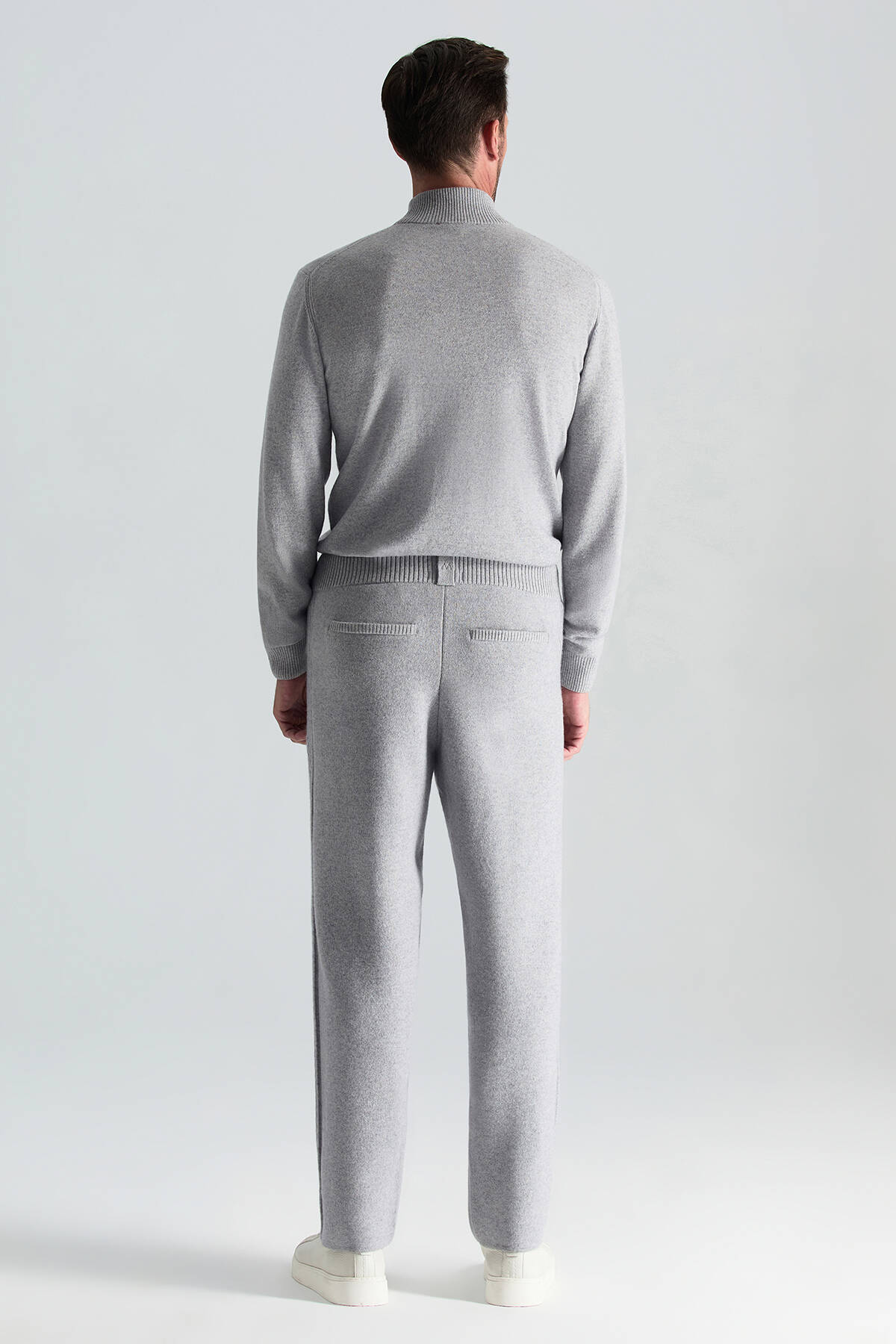 Kaşmir-İpek-Yün Karışım M Desenli Açık Gri Triko Pantolon