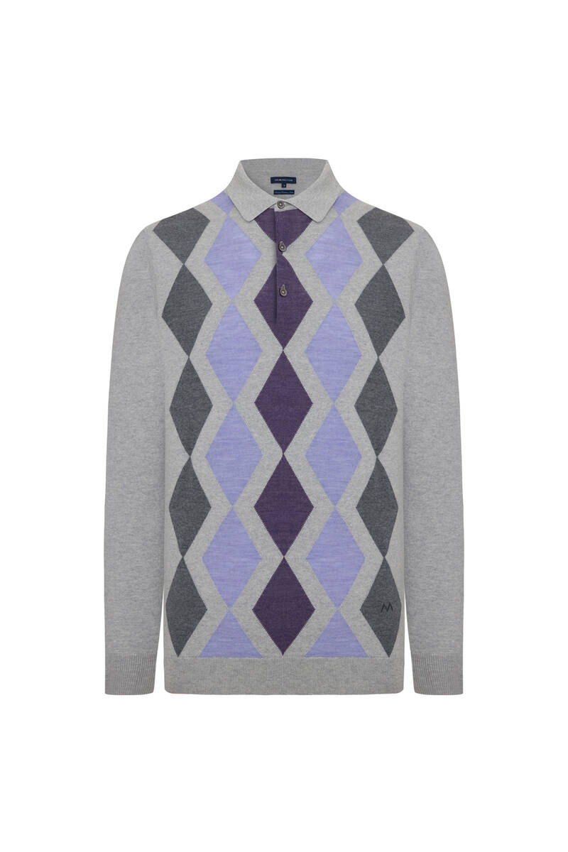 Kaşmir Karışım Baklava Desen Polo Yaka Gri Kazak | | Hemington