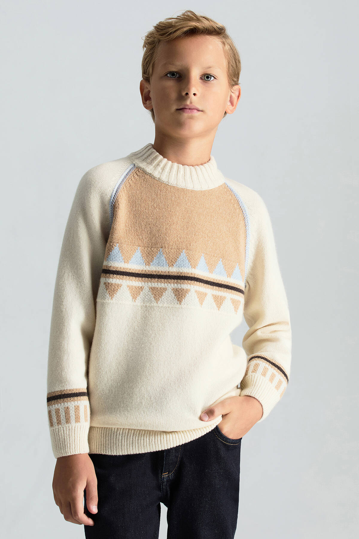 Kaşmir Karışım Yarım Balıkçı Yaka Ekru Çocuk Kazak