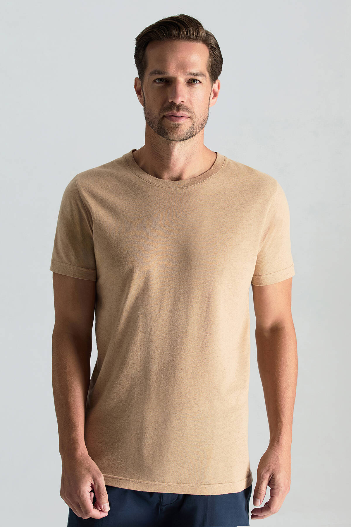 Kaşmir Pamuk Karışım Bisiklet Yaka Camel T-Shirt