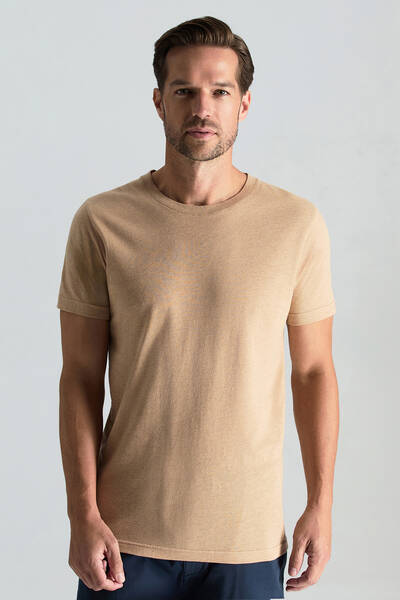 Kaşmir Pamuk Karışım Bisiklet Yaka Camel T-Shirt