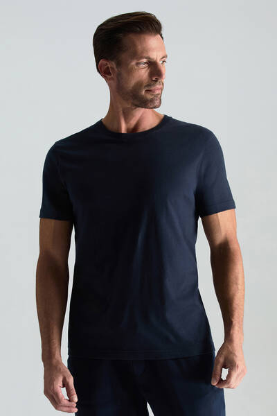 Kaşmir Pamuk Karışım Bisiklet Yaka Lacivert T-Shirt
