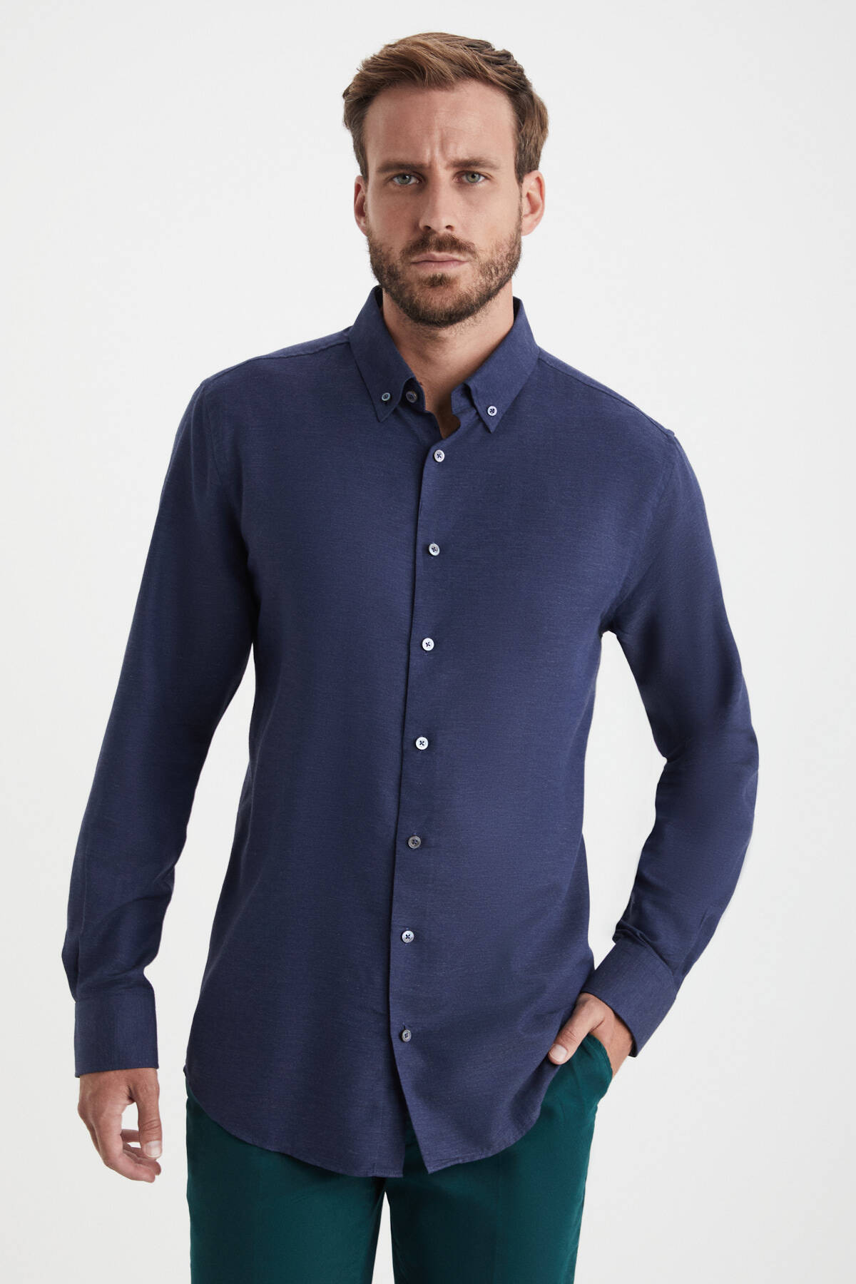 Kaşmir Pamuk Karışım Lacivert Gömlek