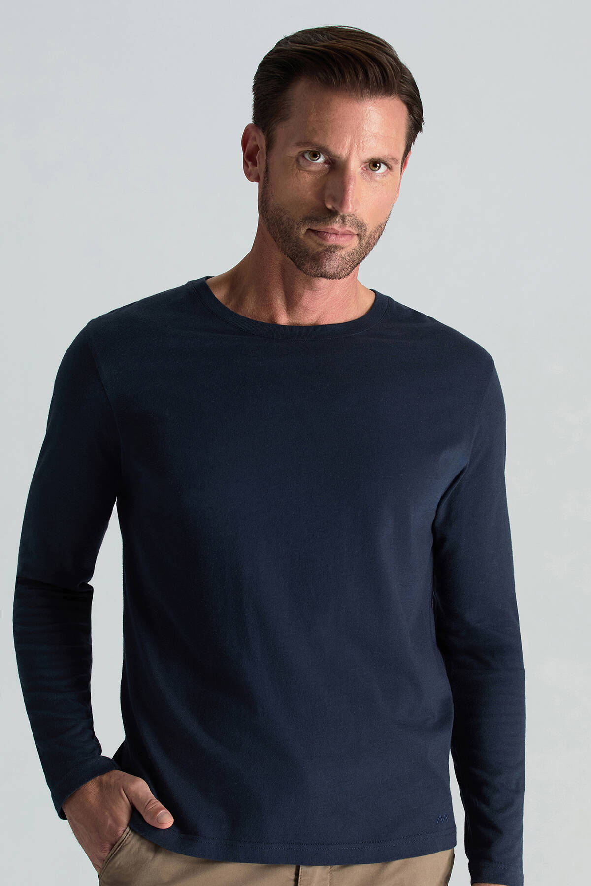 Kaşmir Pamuk Karışım Lacivert Uzun Kollu T-Shirt