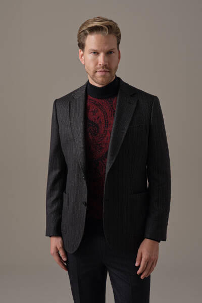 Kaşmir Yün Balıksırtı Desen Siyah Blazer Ceket - Hemington