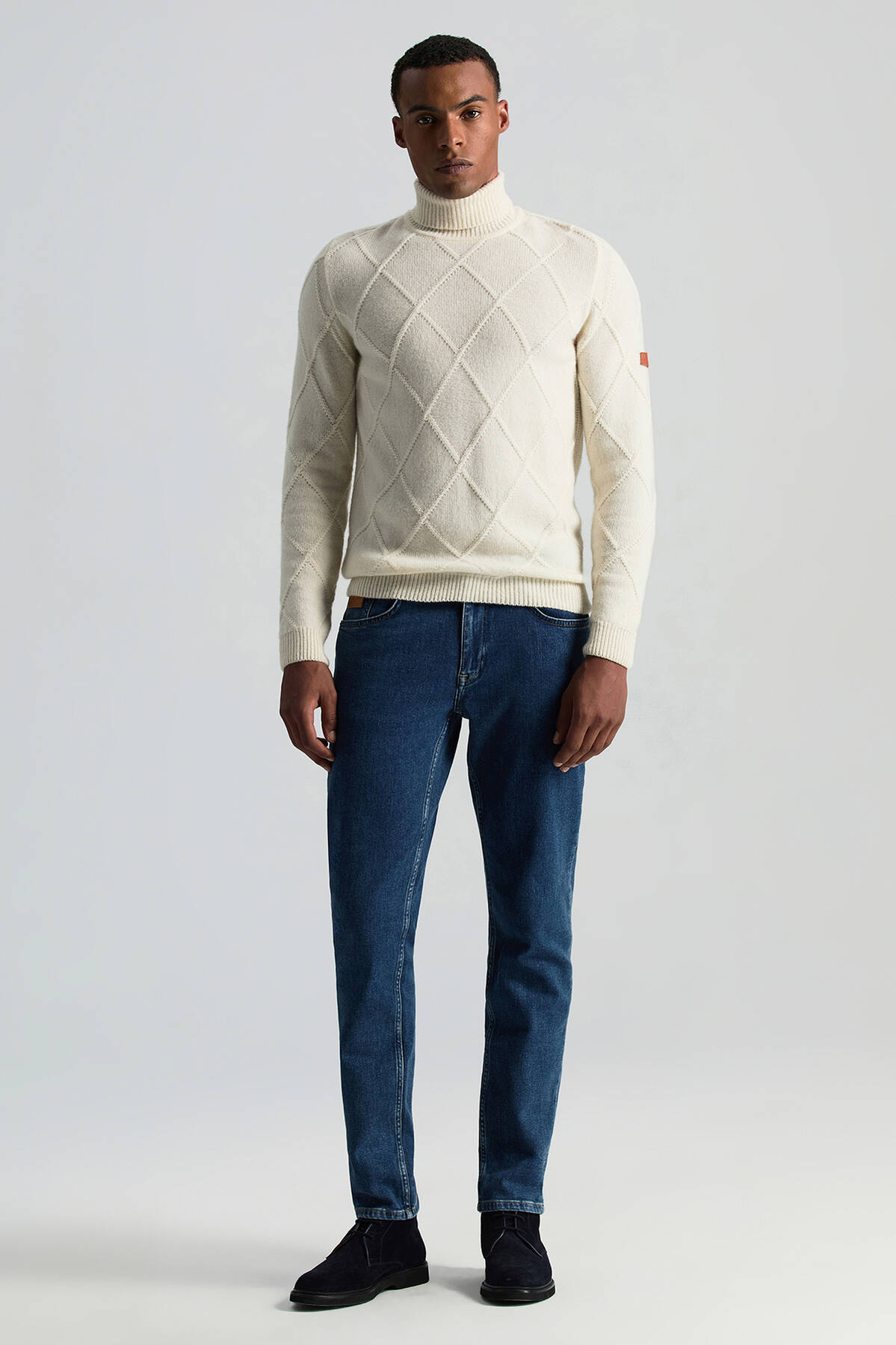 Kaşmir Yün Karışım Argyle Desen Boğazlı Yaka Ekru Kazak