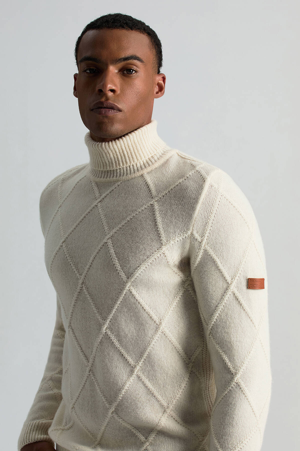 Kaşmir Yün Karışım Argyle Desen Boğazlı Yaka Ekru Kazak