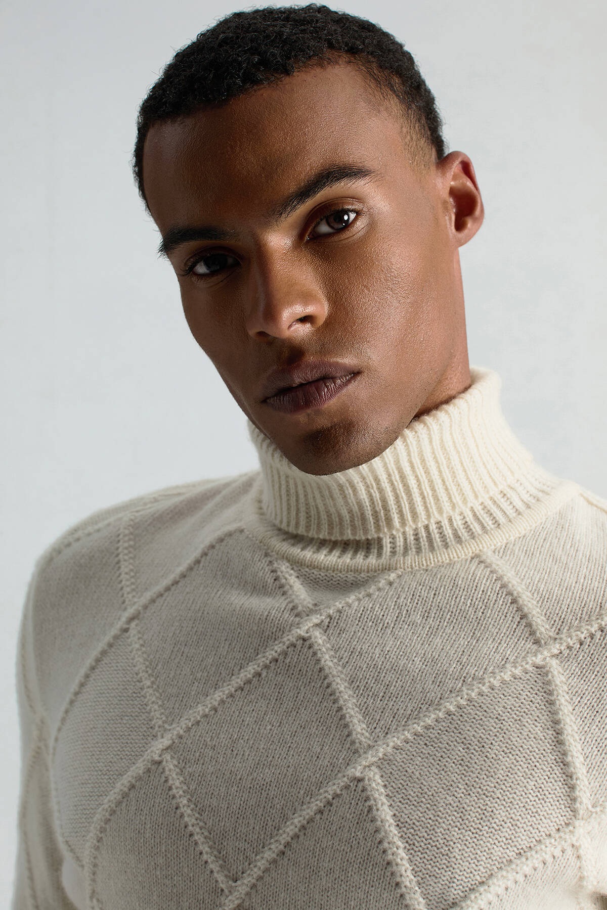 Kaşmir Yün Karışım Argyle Desen Boğazlı Yaka Ekru Kazak