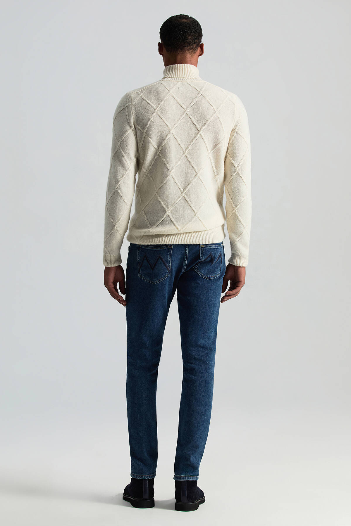 Kaşmir Yün Karışım Argyle Desen Boğazlı Yaka Ekru Kazak