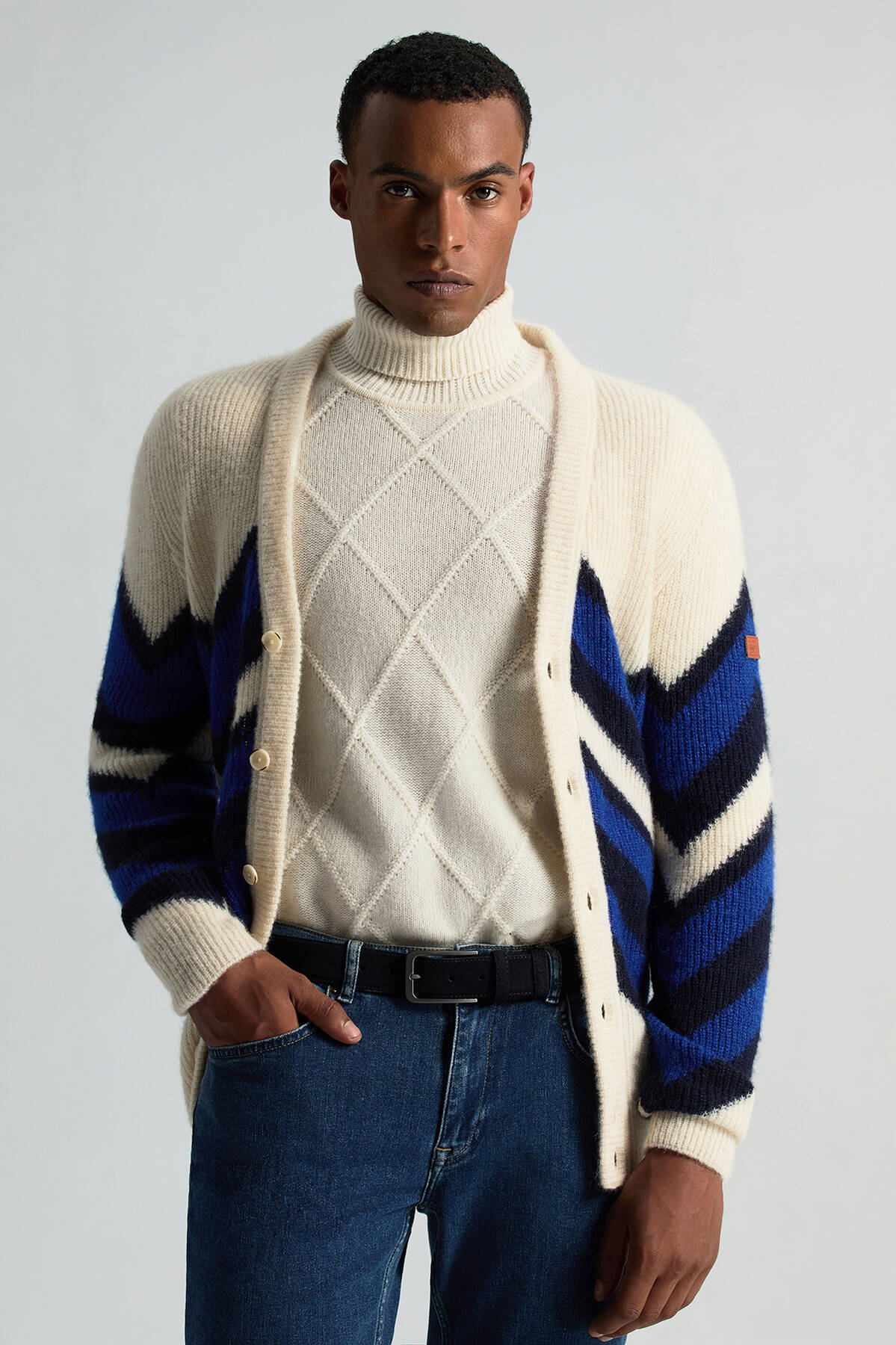 Kaşmir Yün Karışım Argyle Desen Boğazlı Yaka Ekru Kazak