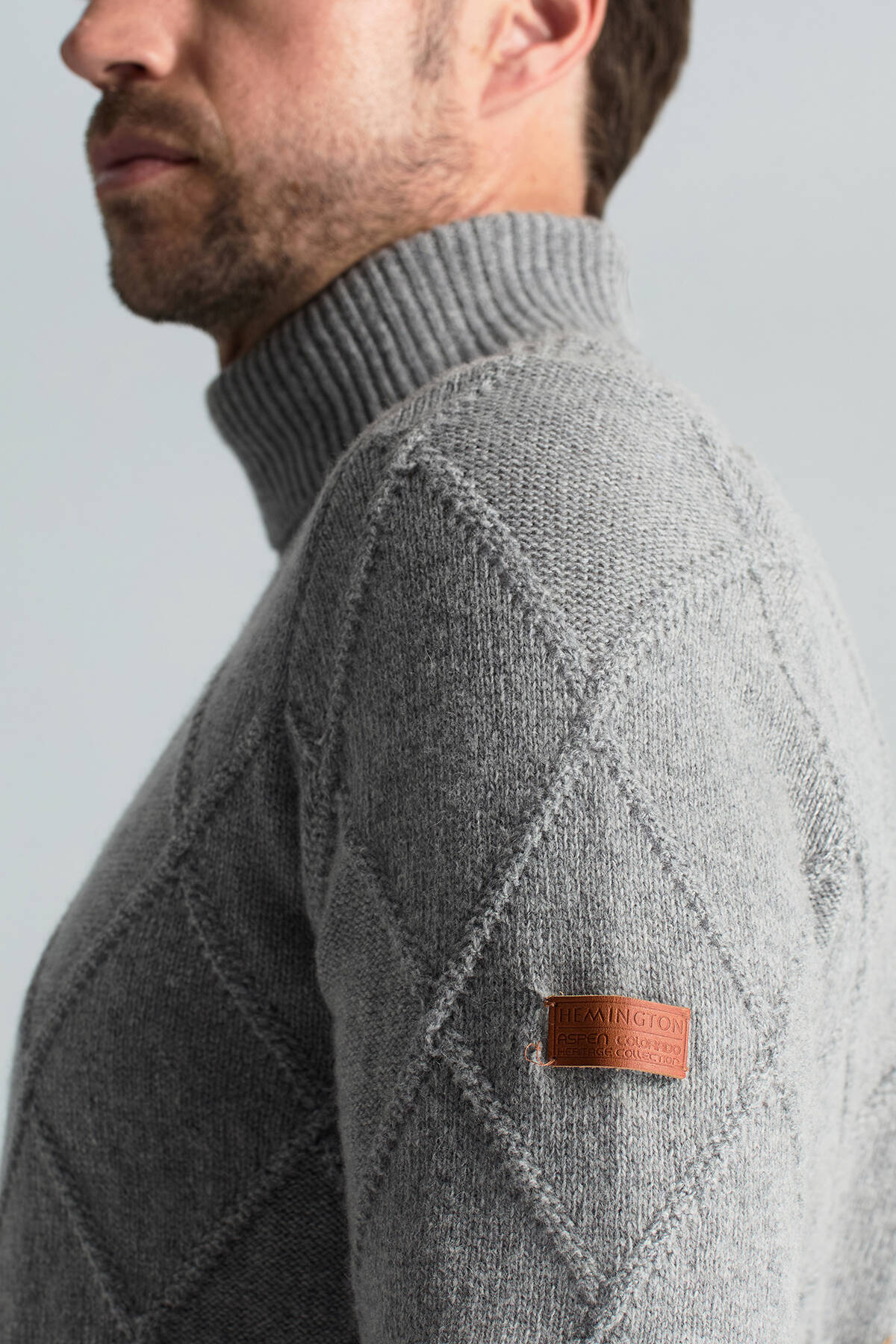 Kaşmir Yün Karışım Argyle Desen Boğazlı Yaka Gri Kazak