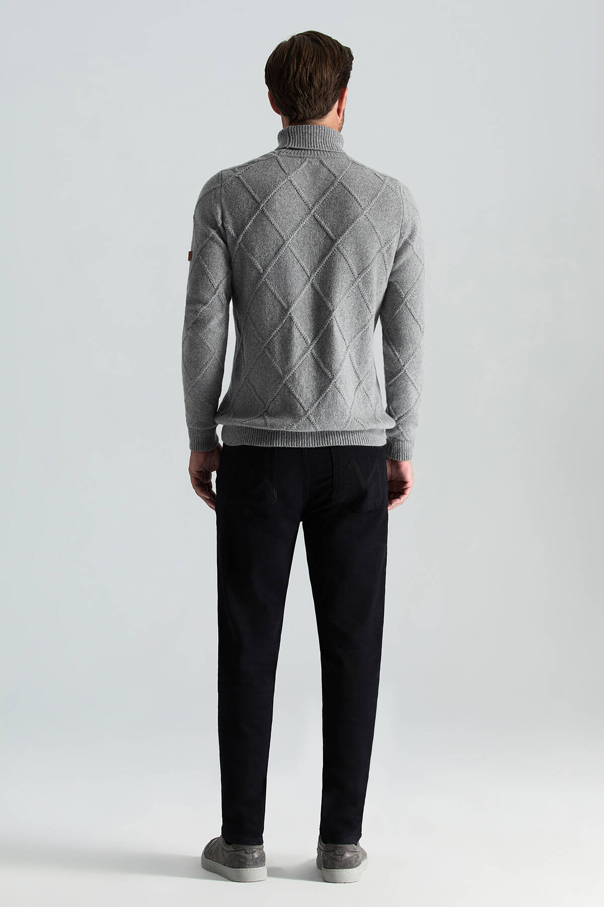 Kaşmir Yün Karışım Argyle Desen Boğazlı Yaka Gri Kazak