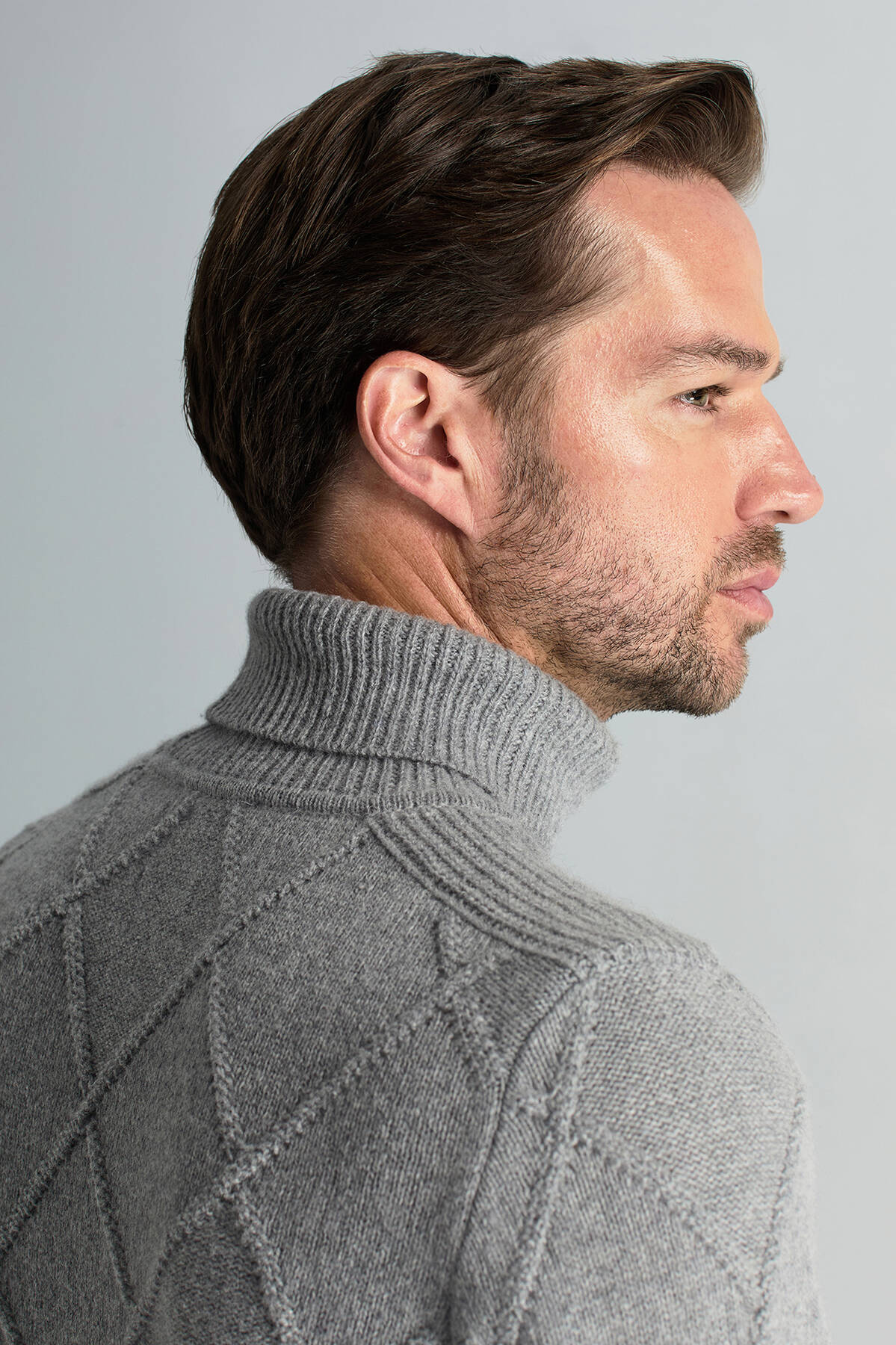 Kaşmir Yün Karışım Argyle Desen Boğazlı Yaka Gri Kazak