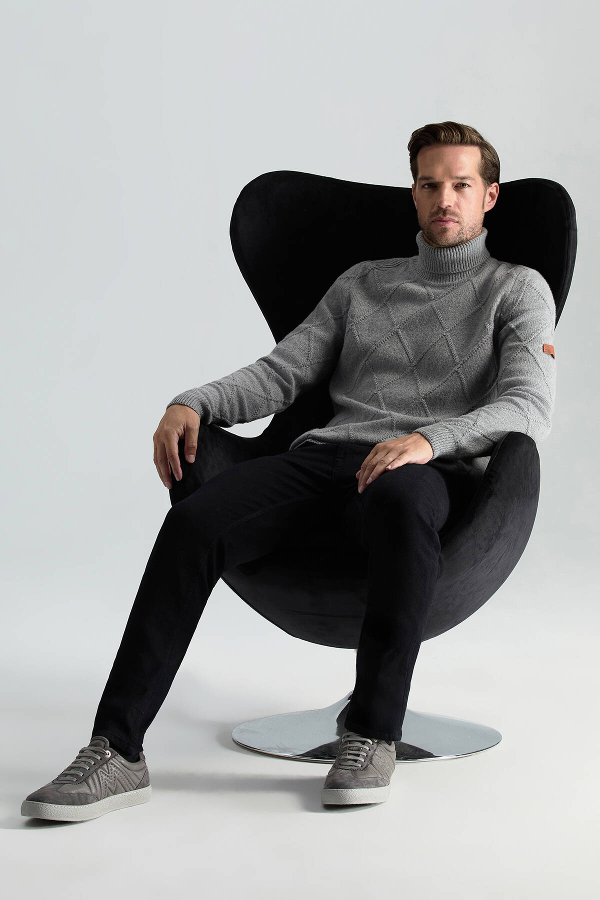 Kaşmir Yün Karışım Argyle Desen Boğazlı Yaka Gri Kazak