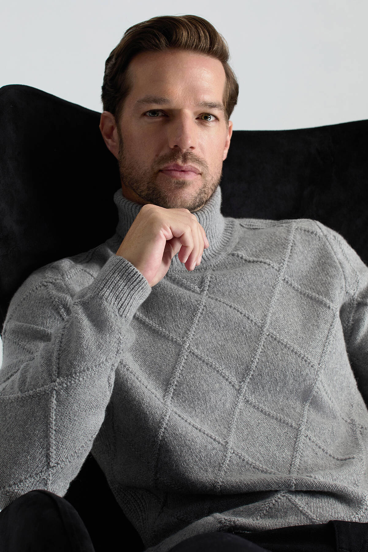 Kaşmir Yün Karışım Argyle Desen Boğazlı Yaka Gri Kazak