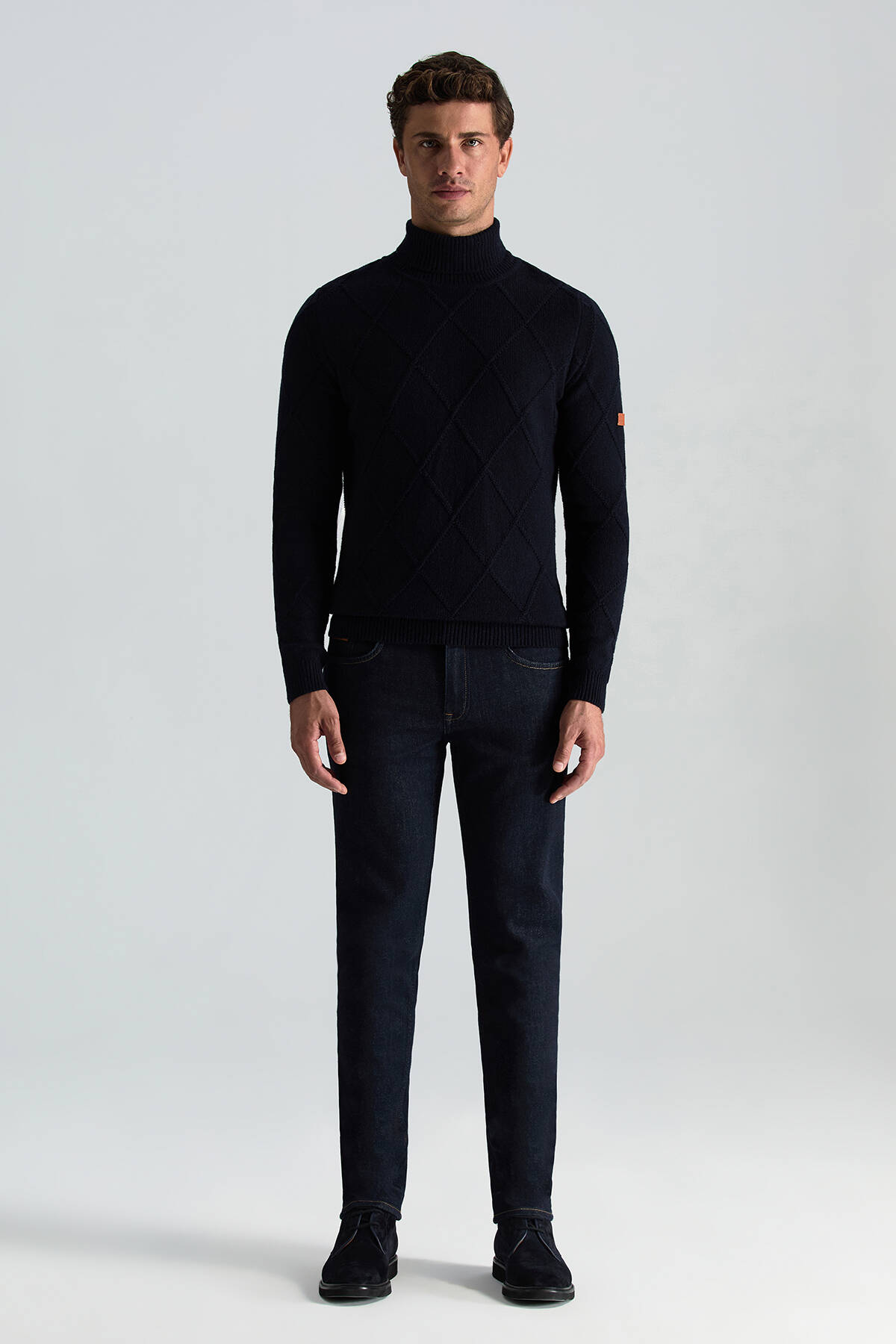 Kaşmir Yün Karışım Argyle Desen Boğazlı Yaka Lacivert Kazak