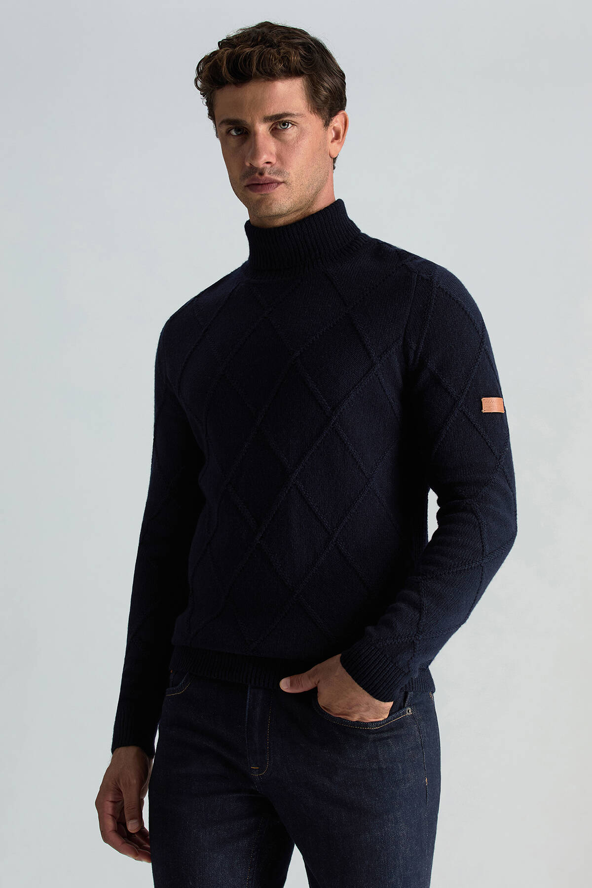 Kaşmir Yün Karışım Argyle Desen Boğazlı Yaka Lacivert Kazak