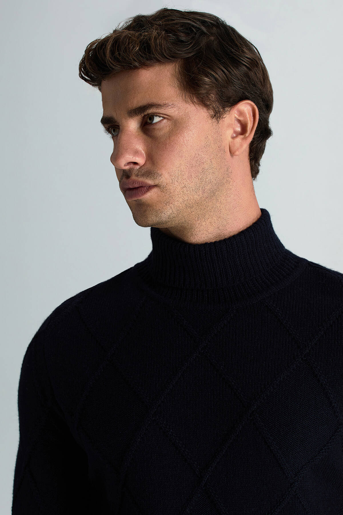 Kaşmir Yün Karışım Argyle Desen Boğazlı Yaka Lacivert Kazak