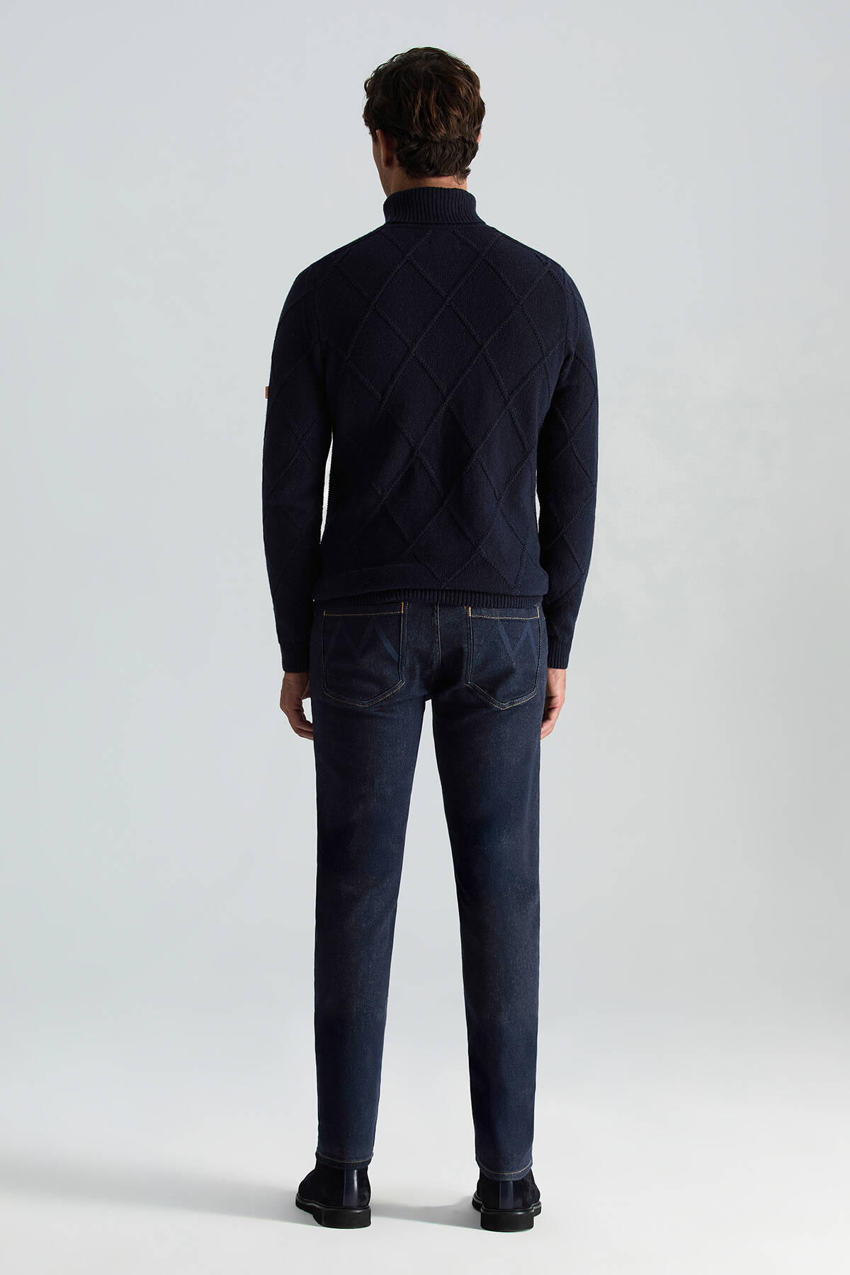 Kaşmir Yün Karışım Argyle Desen Boğazlı Yaka Lacivert Kazak